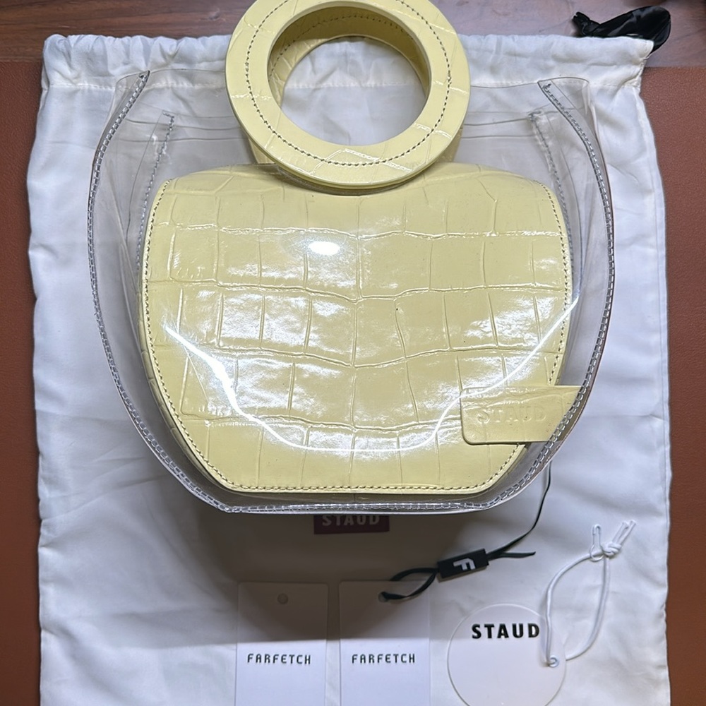 STAUD Cream Croc-Embossed Inner Pouch Clear PVC Circle-Handle Shoulder Bag - Picture 2 of 4